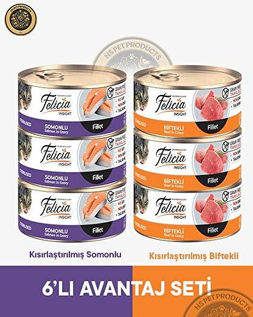 Felicia Kısırlaştırılmış Biftekli-Somonlu Yetişkin Kedi Konservesi 6x85gr