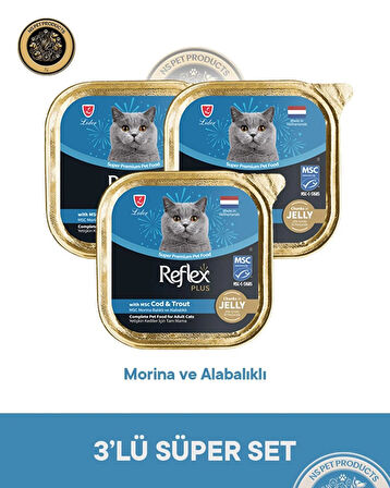 Reflex Plus Jöle İçinde Morina ve Alabalıklı Yetişkin Kedi Maması – 3 × 85 g