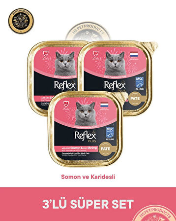 Reflex Plus Pate Somon ve Karidesli Yetişkin Kedi Maması – 3 × 85 g