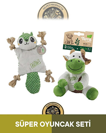 M-Pets Terra Eco Ella Puppy (İnek)-Pip Puppy (Sincap) Köpek Oyuncağı 2'li Set