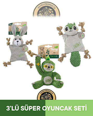 M-Pets Terra Eco Pip Puppy (Sincap)-Köpek Oyuncağı (Tembel Hayvan)-Lulu Puppy (Tavşan) Köpek Oyuncağı 3'lü Set