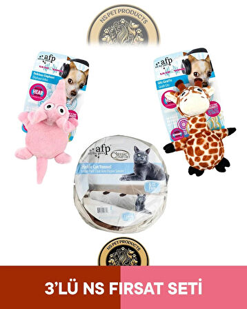 Afp Classic Comfort Kedi Tüneli Beyaz-Ultrasonik Zürafa-Fil Oyuncak 3'lü Set