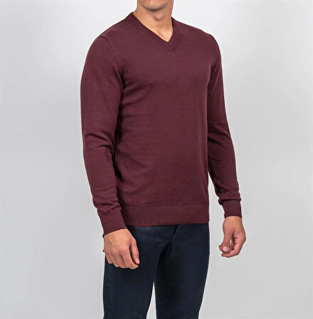 Erkek V Yaka Kazak Sık Örme Desenli Bordo Slim Fit Kazak NCS JEANS 3002