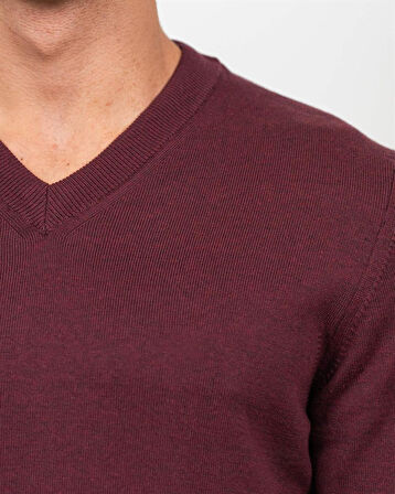 Erkek V Yaka Kazak Sık Örme Desenli Bordo Slim Fit Kazak NCS JEANS 3002