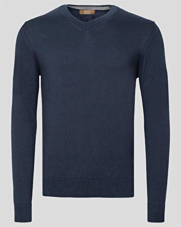 Erkek V Yaka Kazak Sık Örme Desenli Lacivert Slim Fit Kazak NCS JEANS 3002