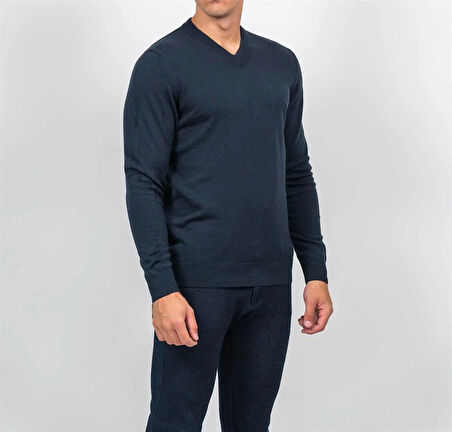Erkek V Yaka Kazak Sık Örme Desenli Lacivert Slim Fit Kazak NCS JEANS 3002