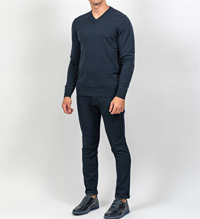 Erkek V Yaka Kazak Sık Örme Desenli Lacivert Slim Fit Kazak NCS JEANS 3002