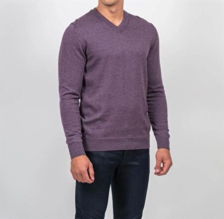 Erkek V Yaka Kazak Sık Örme Desenli Mürdümmelanj Slim Fit Kazak NCS JEANS 3002