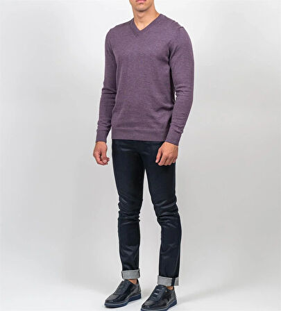 Erkek V Yaka Kazak Sık Örme Desenli Mürdümmelanj Slim Fit Kazak NCS JEANS 3002