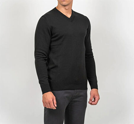 Erkek V Yaka Kazak Sık Örme Desenli Siyah Slim Fit Kazak NCS JEANS 3002