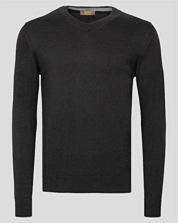 Erkek V Yaka Kazak Sık Örme Desenli Siyah Slim Fit Kazak NCS JEANS 3002