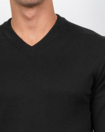 Erkek V Yaka Kazak Sık Örme Desenli Siyah Slim Fit Kazak NCS JEANS 3002