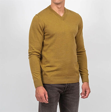 Erkek V Yaka Kazak Sık Örme Desenli Hardal Slim Fit Kazak NCS JEANS 3002