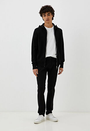 Erkek Hırka Siyah Pamuklu Çift Fermuarlı Kapüşonlu Sık Örme Slim Fit Hırka 3720