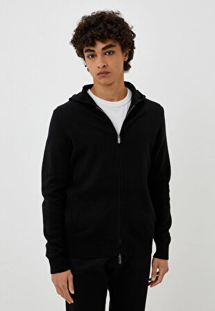 Erkek Hırka Siyah Pamuklu Çift Fermuarlı Kapüşonlu Sık Örme Slim Fit Hırka 3720