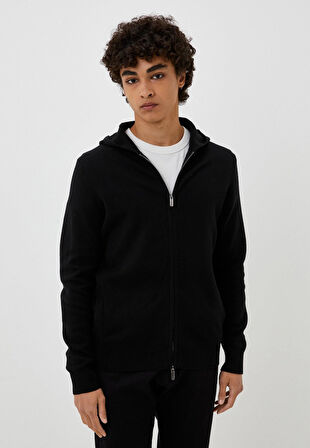 Erkek Hırka Siyah Pamuklu Çift Fermuarlı Kapüşonlu Sık Örme Slim Fit Hırka 3720