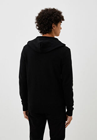 Erkek Hırka Siyah Pamuklu Çift Fermuarlı Kapüşonlu Sık Örme Slim Fit Hırka 3720