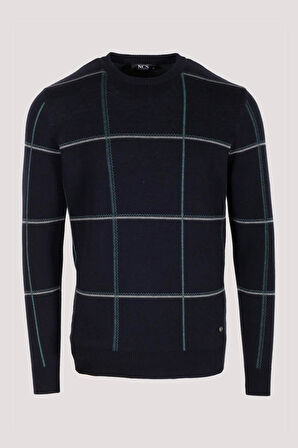 Erkek Triko Lacivert Bisiklet Yaka Desenli Slim Fit Pamuklu Kazak NCS JEANS 3744