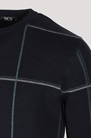 Erkek Triko Lacivert Bisiklet Yaka Desenli Slim Fit Pamuklu Kazak NCS JEANS 3744