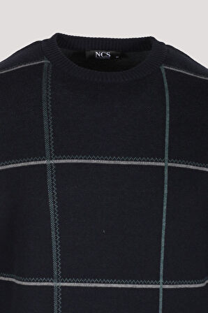 Erkek Triko Lacivert Bisiklet Yaka Desenli Slim Fit Pamuklu Kazak NCS JEANS 3744