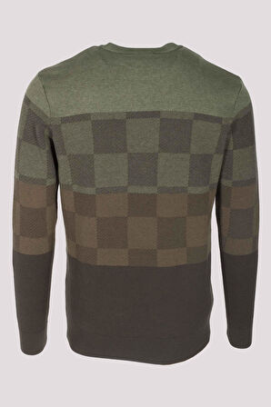 Erkek Triko Haki Bisiklet Yaka Desenli Slim Fit Pamuklu Kazak NCS JEANS 3730