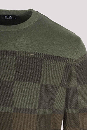 Erkek Triko Haki Bisiklet Yaka Desenli Slim Fit Pamuklu Kazak NCS JEANS 3730