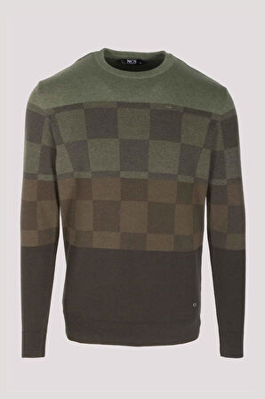 Erkek Triko Haki Bisiklet Yaka Desenli Slim Fit Pamuklu Kazak NCS JEANS 3730