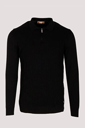 Erkek Polo Yaka Triko Siyah Slim Fit Yarım Fermuarlı Balık Sırt Desenli Pamuklu Kazak NCS JEANS 3006