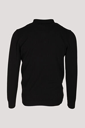 Erkek Polo Yaka Triko Siyah Slim Fit Yarım Fermuarlı Balık Sırt Desenli Pamuklu Kazak NCS JEANS 3006