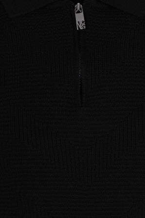 Erkek Polo Yaka Triko Siyah Slim Fit Yarım Fermuarlı Balık Sırt Desenli Pamuklu Kazak NCS JEANS 3006