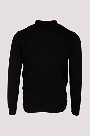 Erkek Polo Yaka Triko Siyah Slim Fit Yarım Fermuarlı Balık Sırt Desenli Pamuklu Kazak NCS JEANS 3006