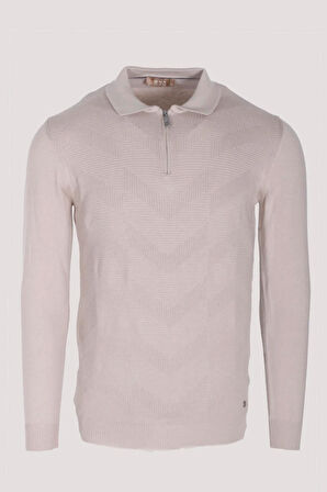Erkek Polo Yaka Triko Bej Slim Fit Yarım Fermuarlı Balık Sırt Desenli Pamuklu Kazak NCS JEANS 3006