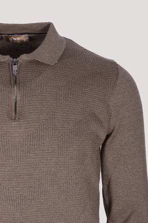 Erkek Polo Yaka Triko Vizonmelanj  Slim Fit Yarım Fermuarlı Balık Sırt Desenli Pamuklu Kazak NCS JEANS 3006