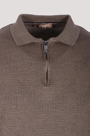 Erkek Polo Yaka Triko Vizonmelanj  Slim Fit Yarım Fermuarlı Balık Sırt Desenli Pamuklu Kazak NCS JEANS 3006