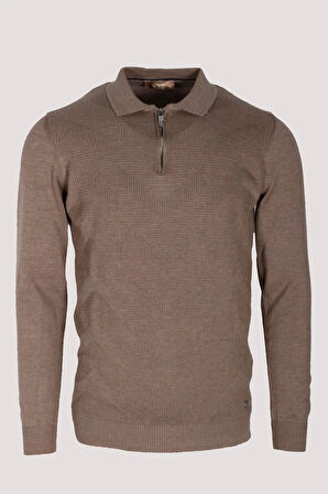 Erkek Polo Yaka Triko Vizonmelanj  Slim Fit Yarım Fermuarlı Balık Sırt Desenli Pamuklu Kazak NCS JEANS 3006