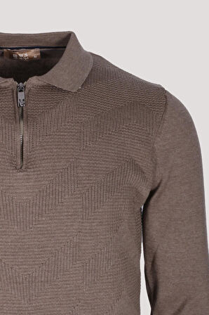 Erkek Polo Yaka Triko Vizonmelanj  Slim Fit Yarım Fermuarlı Balık Sırt Desenli Pamuklu Kazak NCS JEANS 3006