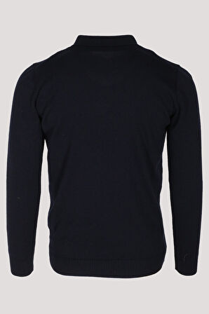 Erkek Polo Yaka Triko Lacivert Slim Fit Yarım Fermuarlı Balık Sırt Desenli Pamuklu Kazak NCS JEANS 3006