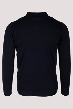 Erkek Polo Yaka Triko Lacivert Slim Fit Yarım Fermuarlı Balık Sırt Desenli Pamuklu Kazak NCS JEANS 3006