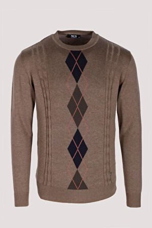 Erkek Triko Vizon Bisiklet Yaka Baklava Desenli Slim Fit Pamuklu Kazak NCS JEANS 3745