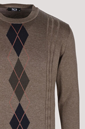 Erkek Triko Vizon Bisiklet Yaka Baklava Desenli Slim Fit Pamuklu Kazak NCS JEANS 3745