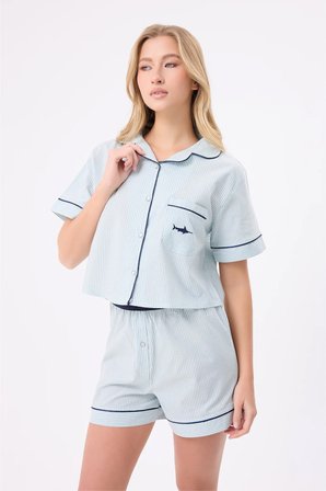 MARISILK™ SEASTRIPE Kadın Yazlık Şortlu Crop Gömlekli Pijama & Lounge Takımı