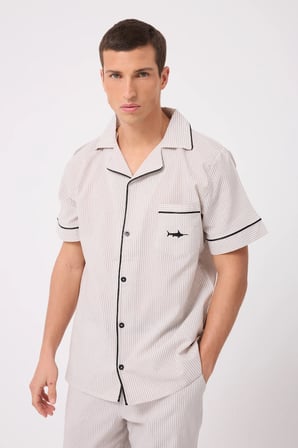 MARISILK™ SEASTRIPE Erkek Dokuma Yazlık Kısa Kollu Pantolonlu Pijama & Lounge Takımı