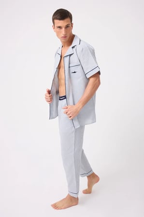 MARISILK™ SEASTRIPE Erkek Dokuma Yazlık Kısa Kollu Pantolonlu Pijama & Lounge Takımı