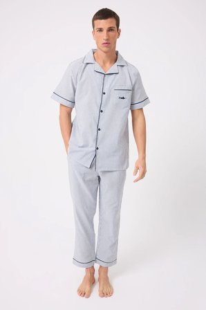 MARISILK™ SEASTRIPE Erkek Dokuma Yazlık Kısa Kollu Pantolonlu Pijama & Lounge Takımı