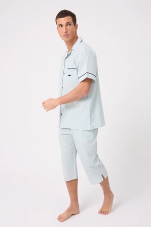 MARISILK™ SEASTRIPE Erkek Dokuma Yazlık Kısa Kollu Capri Pantolonlu Pijama & Lounge Takımı