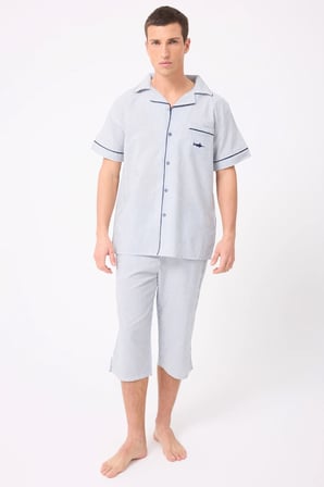 MARISILK™ SEASTRIPE Erkek Dokuma Yazlık Kısa Kollu Capri Pantolonlu Pijama & Lounge Takımı