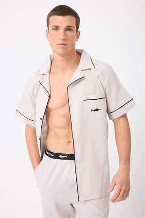 MARISILK™ SEASTRIPE Erkek Dokuma Yazlık Kısa Kollu Capri Pantolonlu Pijama & Lounge Takımı