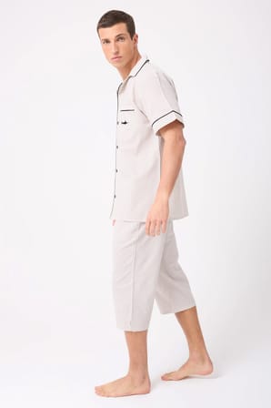 MARISILK™ SEASTRIPE Erkek Dokuma Yazlık Kısa Kollu Capri Pantolonlu Pijama & Lounge Takımı