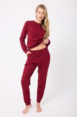 OCEAN RIPPLE™ Premium Örme Pamuk Uzun Kollu Henley & Uzun Pantolonlu Kadın Pijama Takımı