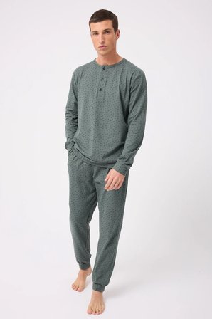 OceanRipple™ Premium Örme Pamuk Uzun Kollu Henley & Uzun Pantolonlu Erkek Pijama Takımı
